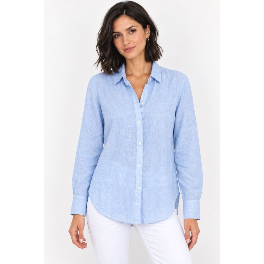 J McLaughlin Linen Shirt Women Size M Sky Blue Button Front Long Sleeves Coastal
